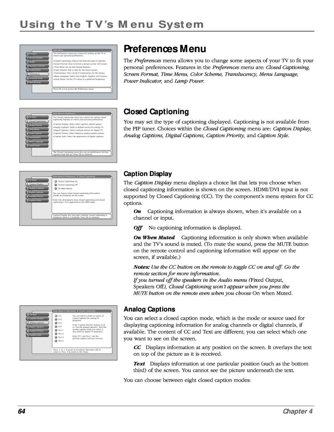 RCA scenium Preferences Menu, Closed Captioning, Caption Display, Analog Captions, Using the TV’s Menu System, Chapter 