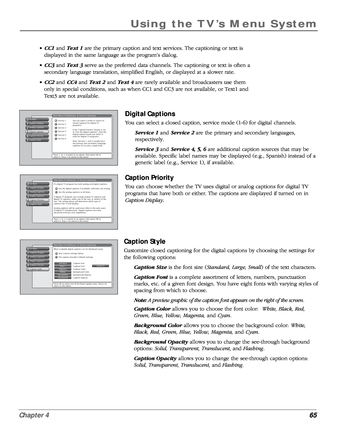 RCA scenium manual Digital Captions, Caption Priority, Caption Style, Using the TV’s Menu System, Chapter 