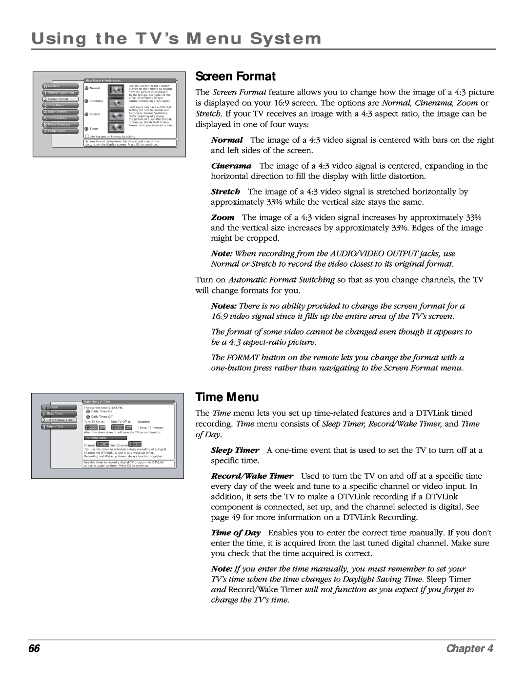 RCA scenium manual Screen Format, Time Menu, Using the TV’s Menu System, Chapter 