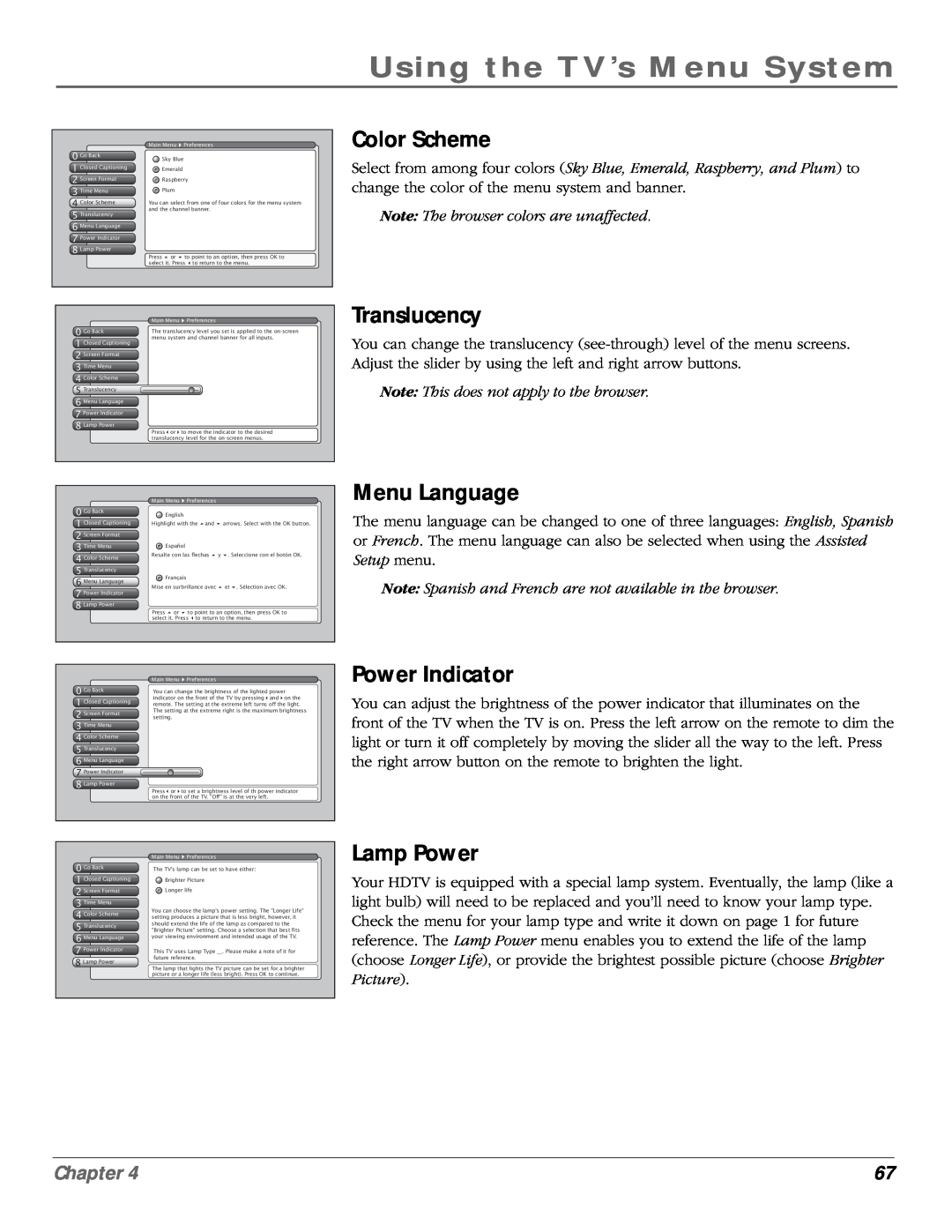 RCA scenium Color Scheme, Translucency, Menu Language, Power Indicator, Lamp Power, Using the TV’s Menu System, Chapter 