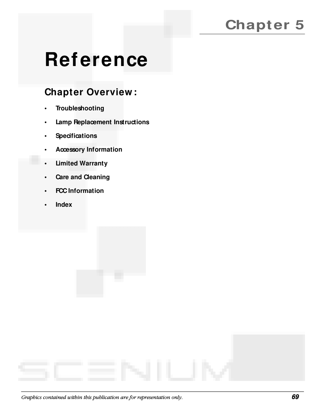 RCA scenium manual Reference, Troubleshooting Lamp Replacement Instructions Specifications, FCC Information Index, Chapter 