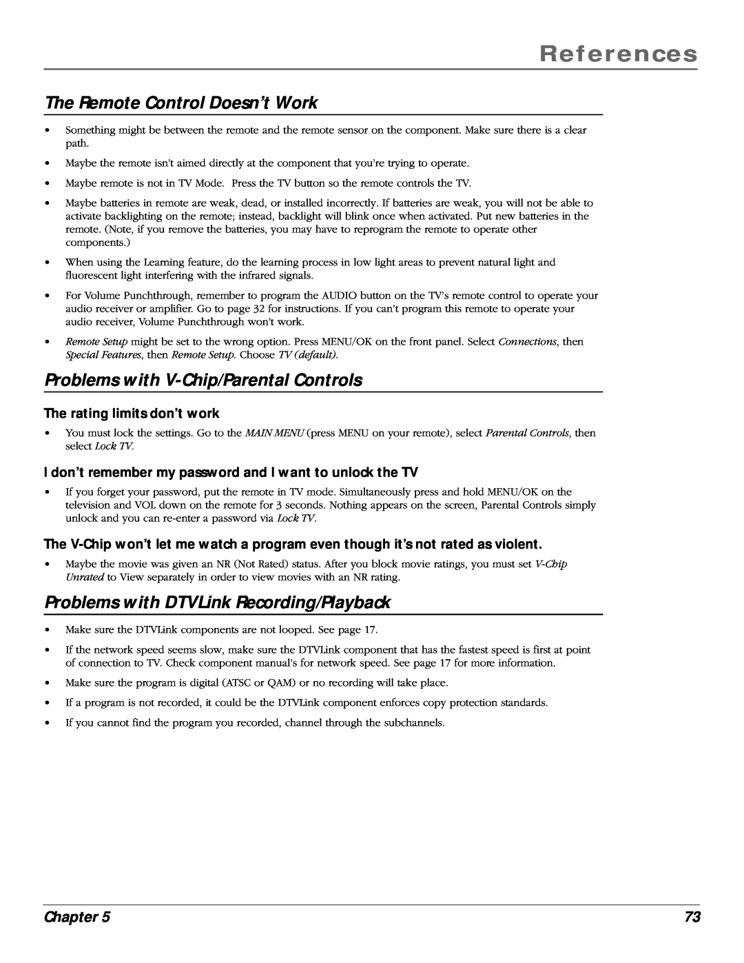 RCA scenium The Remote Control Doesn’t Work, Problems with V-Chip/Parental Controls, The rating limits don’t work, Chapter 