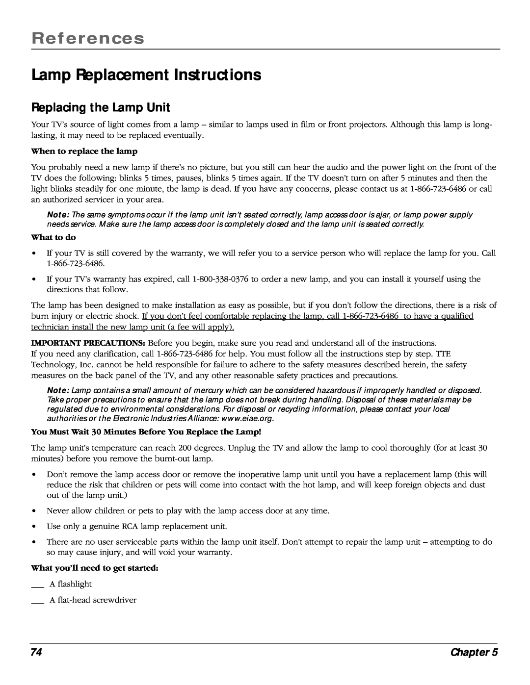 RCA scenium manual Lamp Replacement Instructions, Replacing the Lamp Unit, When to replace the lamp, What to do, References 