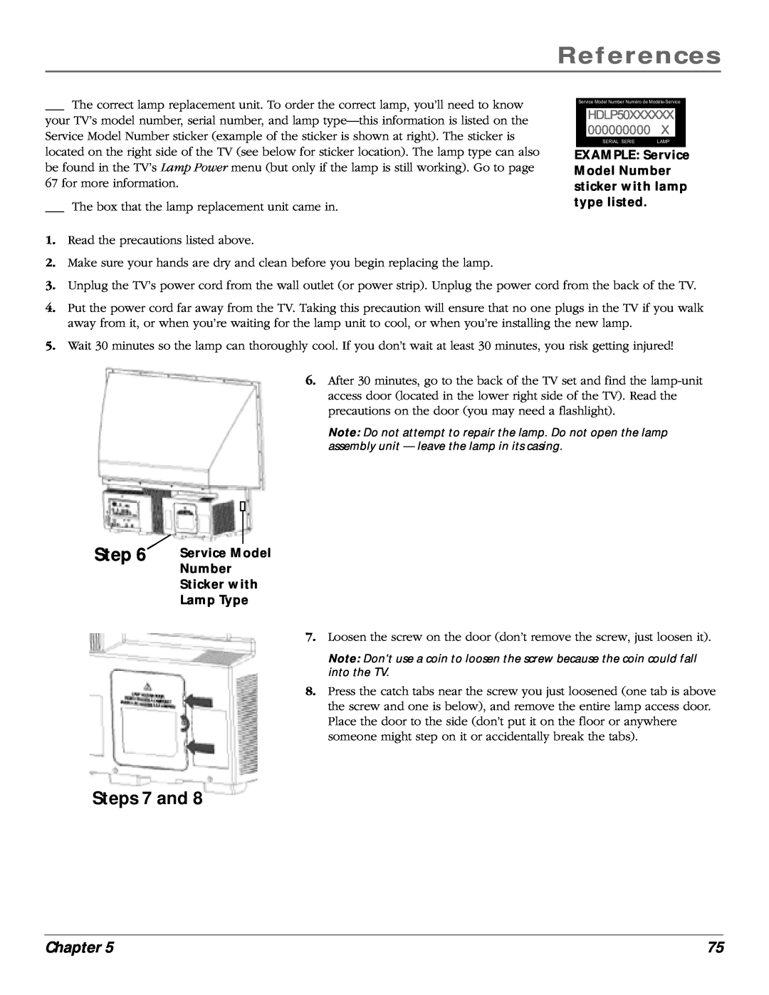 RCA scenium manual Steps 7 and, References, Chapter, HDLP50XXXXXX 000000000 