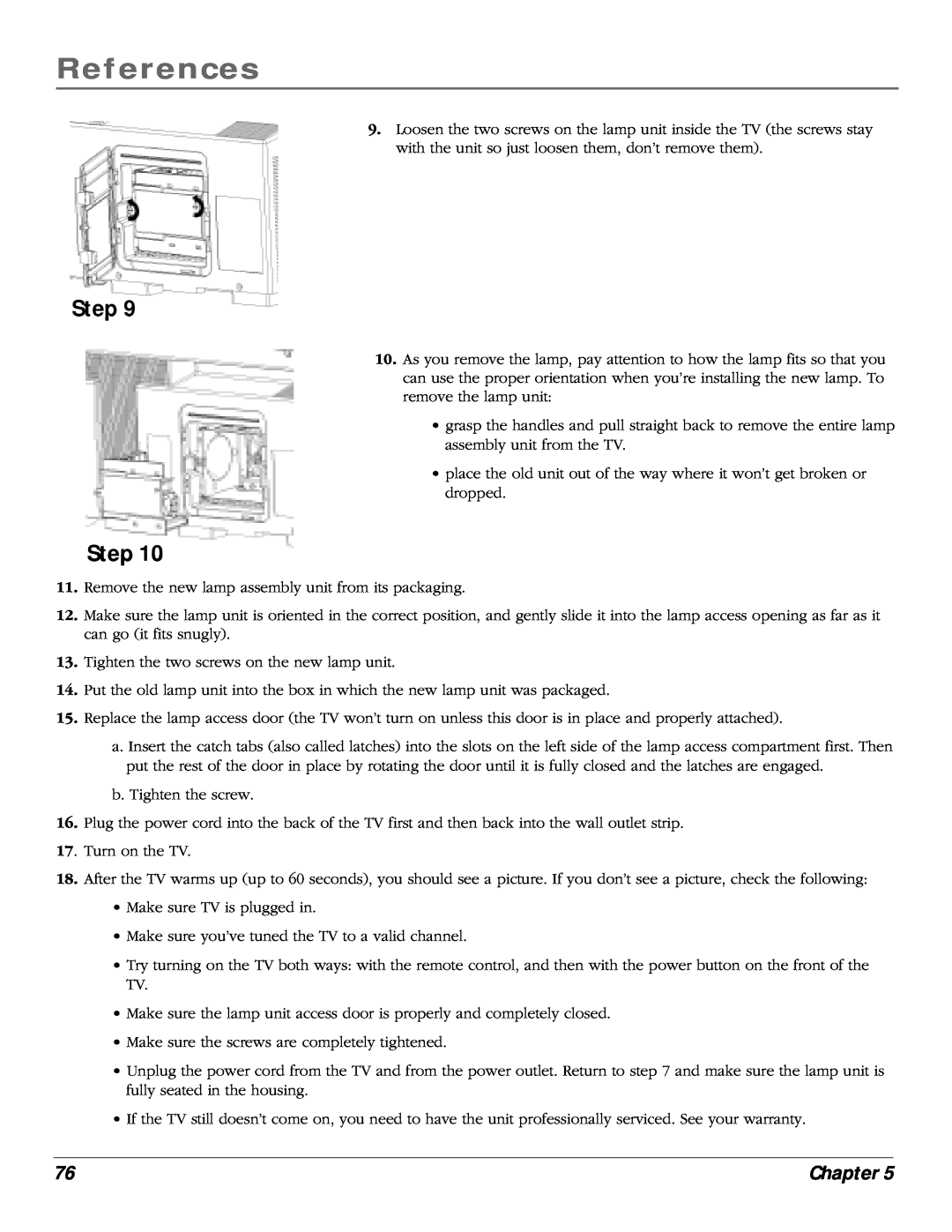 RCA scenium manual References, Step, Chapter, place the old unit out of the way where it won’t get broken or dropped 
