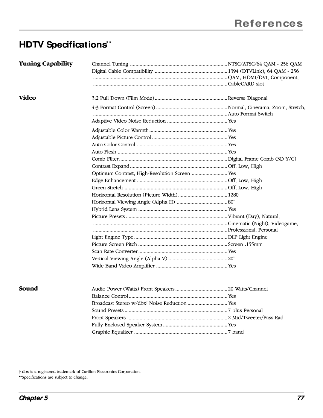 RCA scenium manual Tuning Capability Video Sound, References, HDTV Specifications, Chapter 