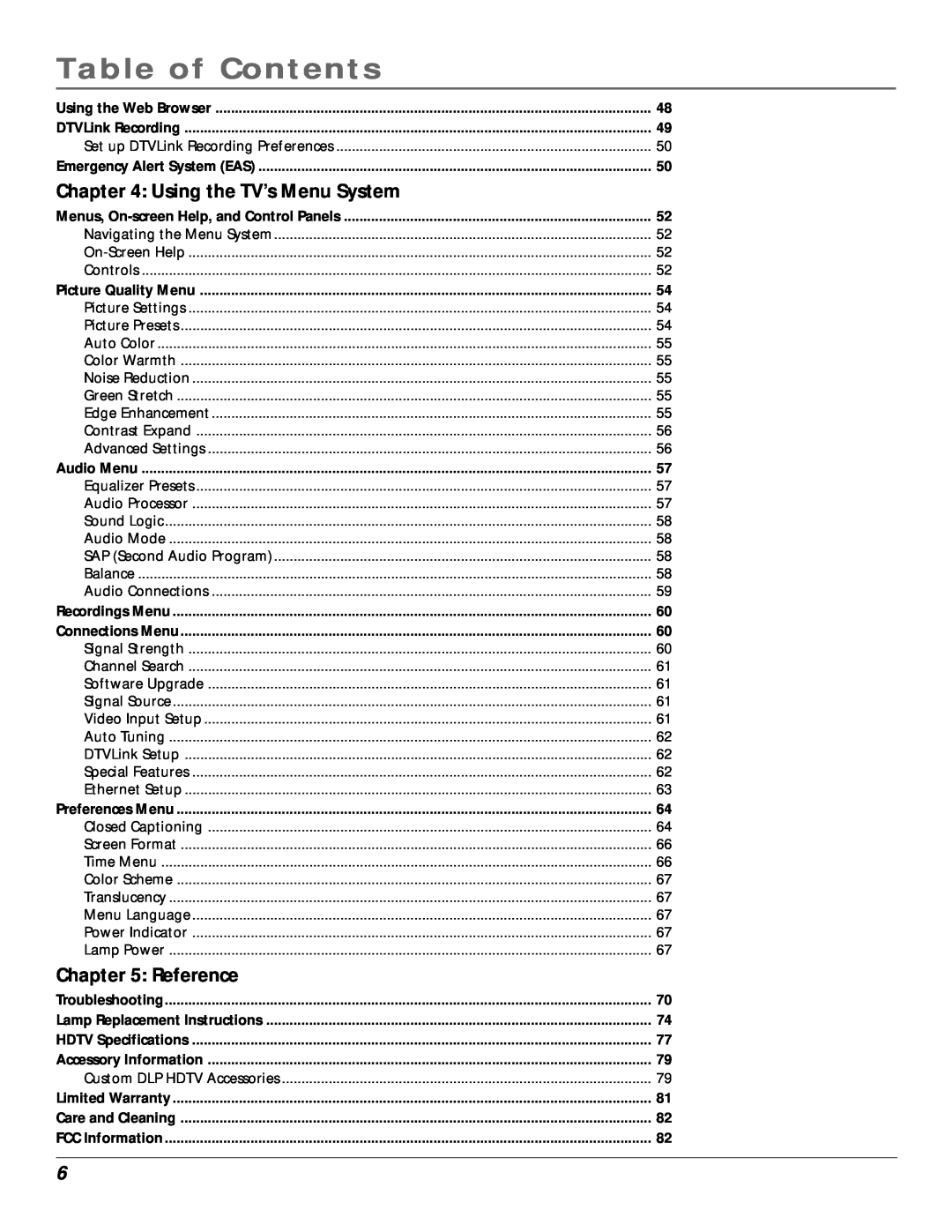 RCA scenium manual Using the TV’s Menu System, Reference, Table of Contents 