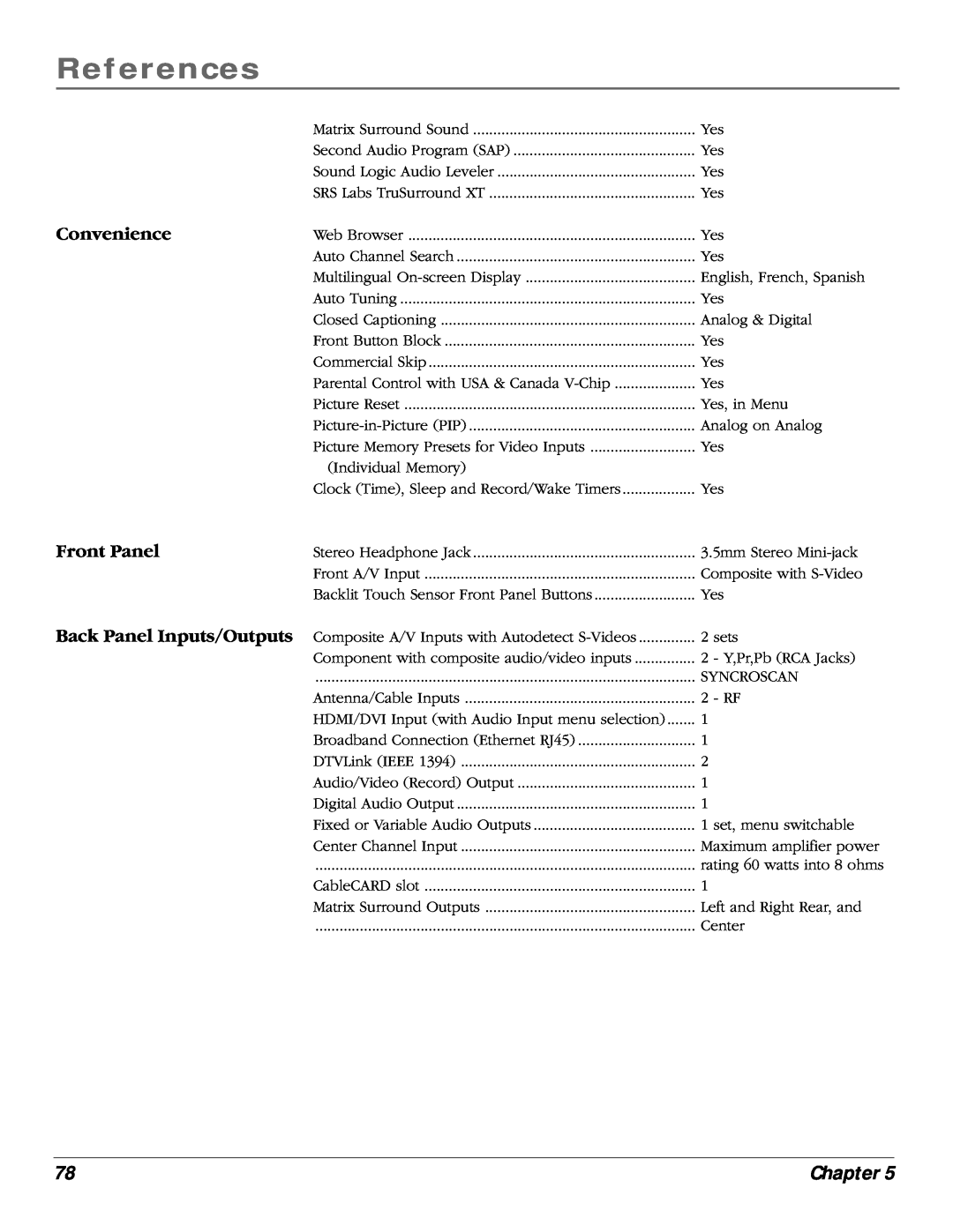 RCA scenium manual Convenience, Front Panel, References, Chapter 