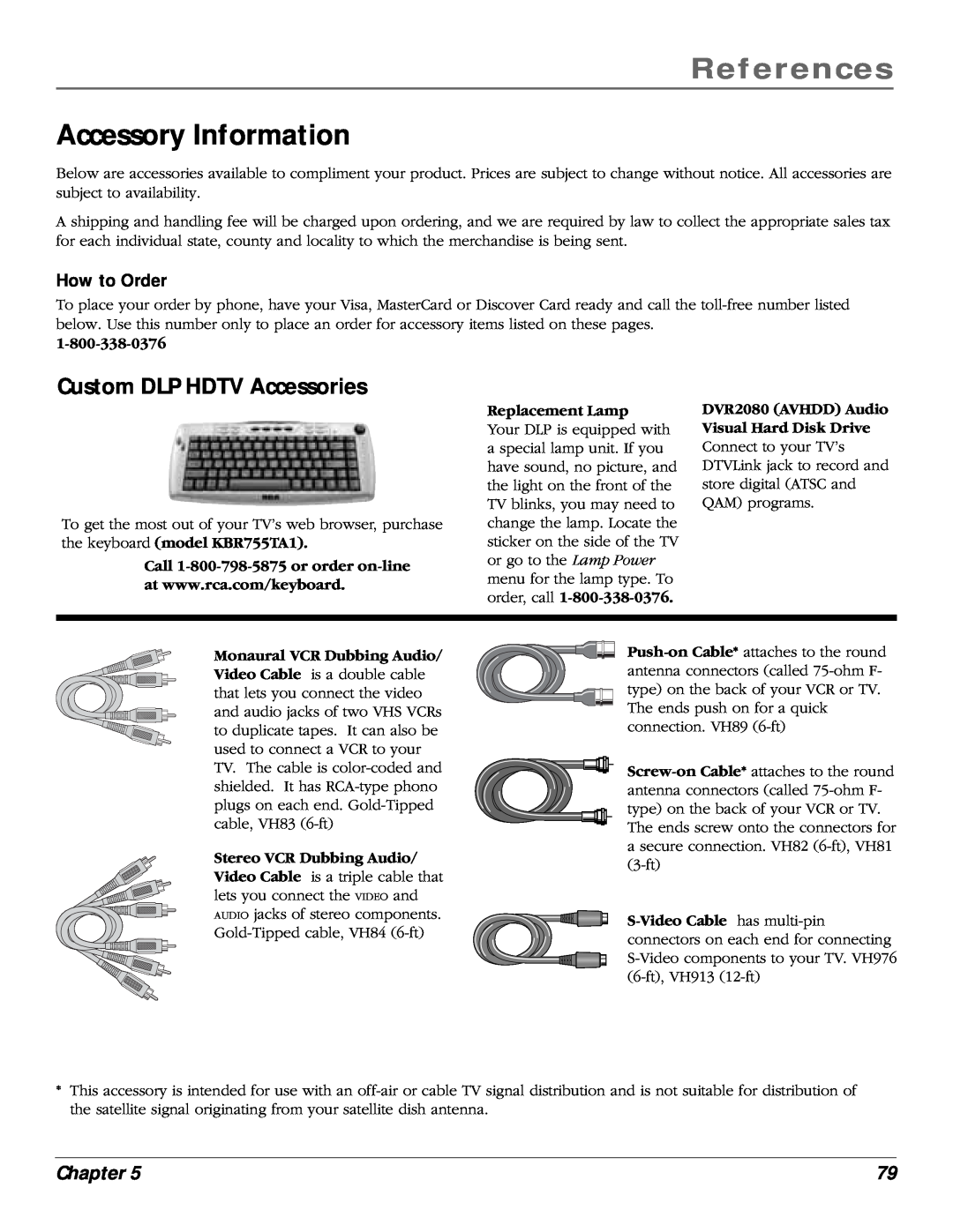 RCA scenium manual Accessory Information, Custom DLP HDTV Accessories, How to Order, Replacement Lamp, References, Chapter 