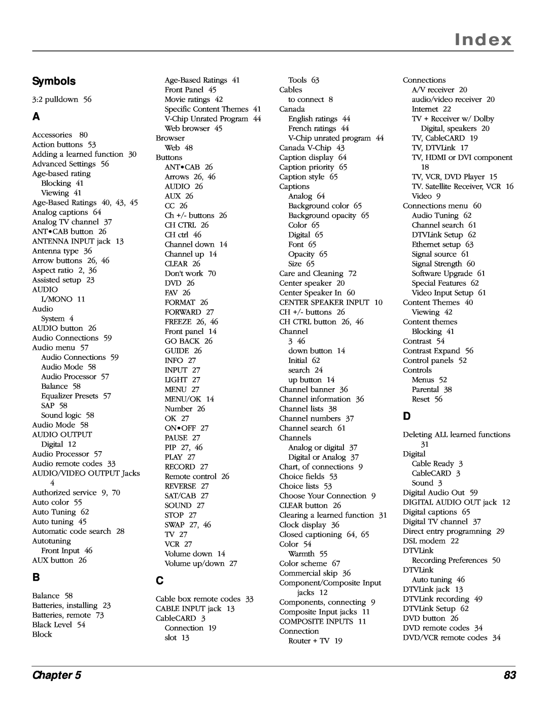 RCA scenium manual Index, Symbols, Chapter 