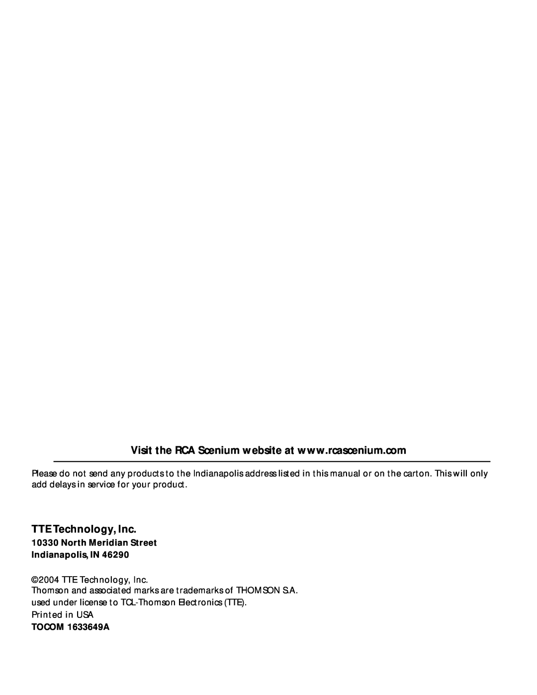 RCA scenium manual TTE Technology, Inc, TOCOM 1633649A 