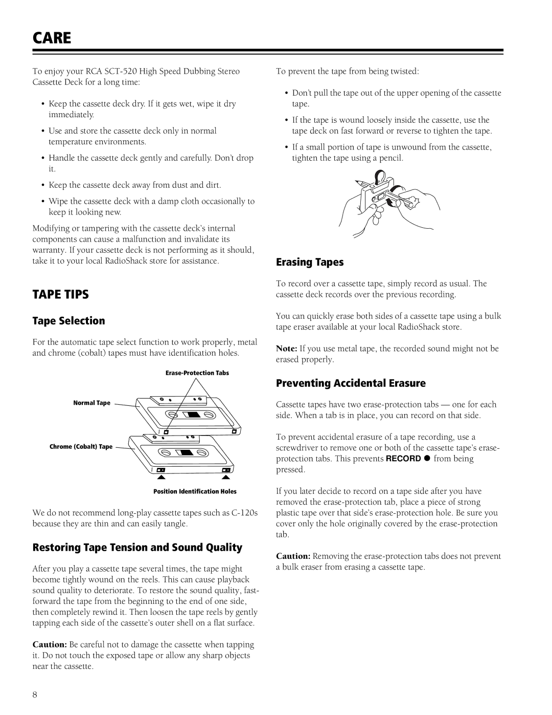 RCA SCT-520 manual Care, Tape Tips 