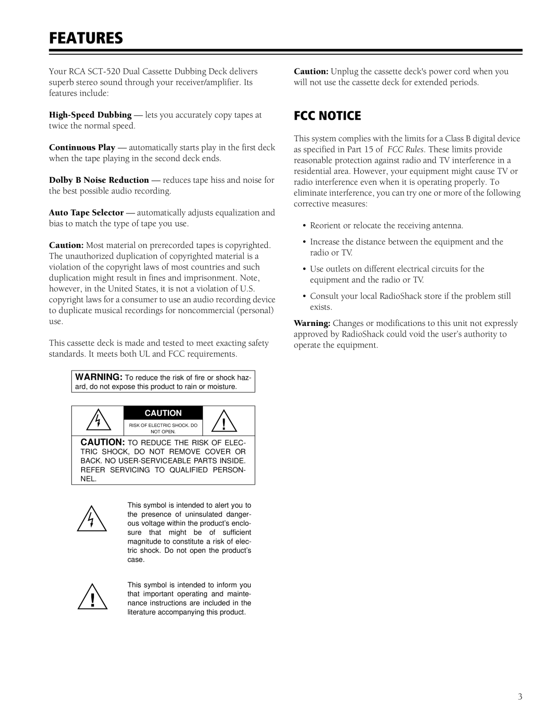 RCA SCT-520 manual Features, Fcc Notice 