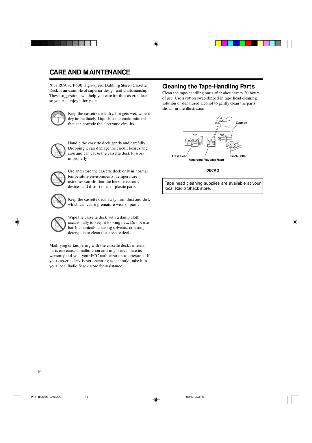 RCA SCT-530 owner manual Care and Maintenance, Cleaning the Tape-Handling Parts 