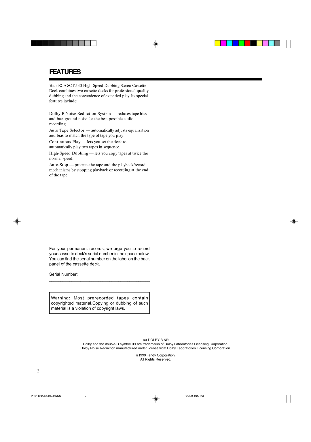 RCA SCT-530 owner manual Features, 2DOLBY B NR 