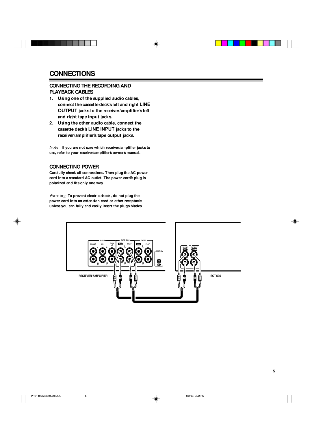 RCA SCT-530 owner manual Connections, Connecting the Recording Playback Cables, Connecting Power 