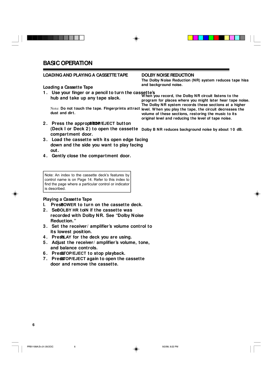 RCA SCT-530 owner manual Basic Operation, Loading and Playing a Cassette Tape, Dolby Noise Reduction 