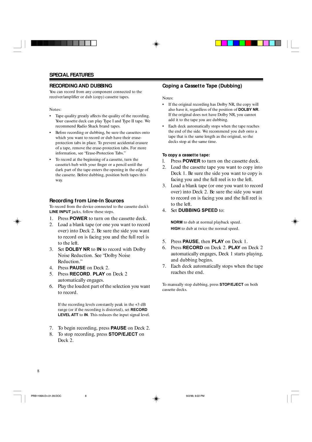 RCA SCT-530 owner manual Special Features Recording and Dubbing, Coping a Cassette Tape Dubbing 