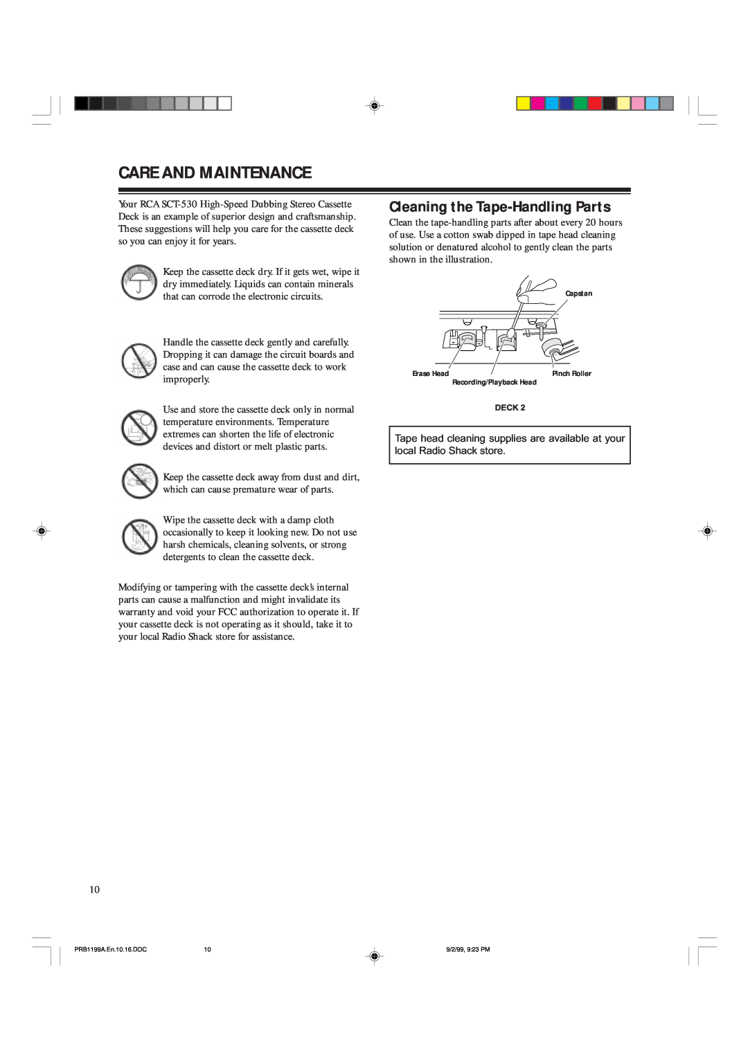 RCA SCT-530 owner manual Care And Maintenance, Cleaning the Tape-HandlingParts 
