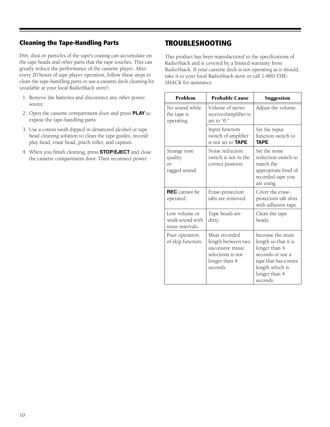 RCA SCT-550 owner manual Troubleshooting, Cleaning the Tape-Handling Parts, Problem Probable Cause Suggestion 