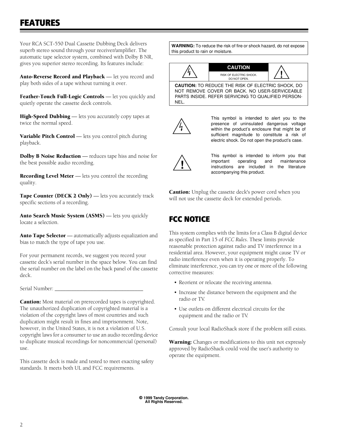 RCA SCT-550 owner manual Features, FCC Notice 