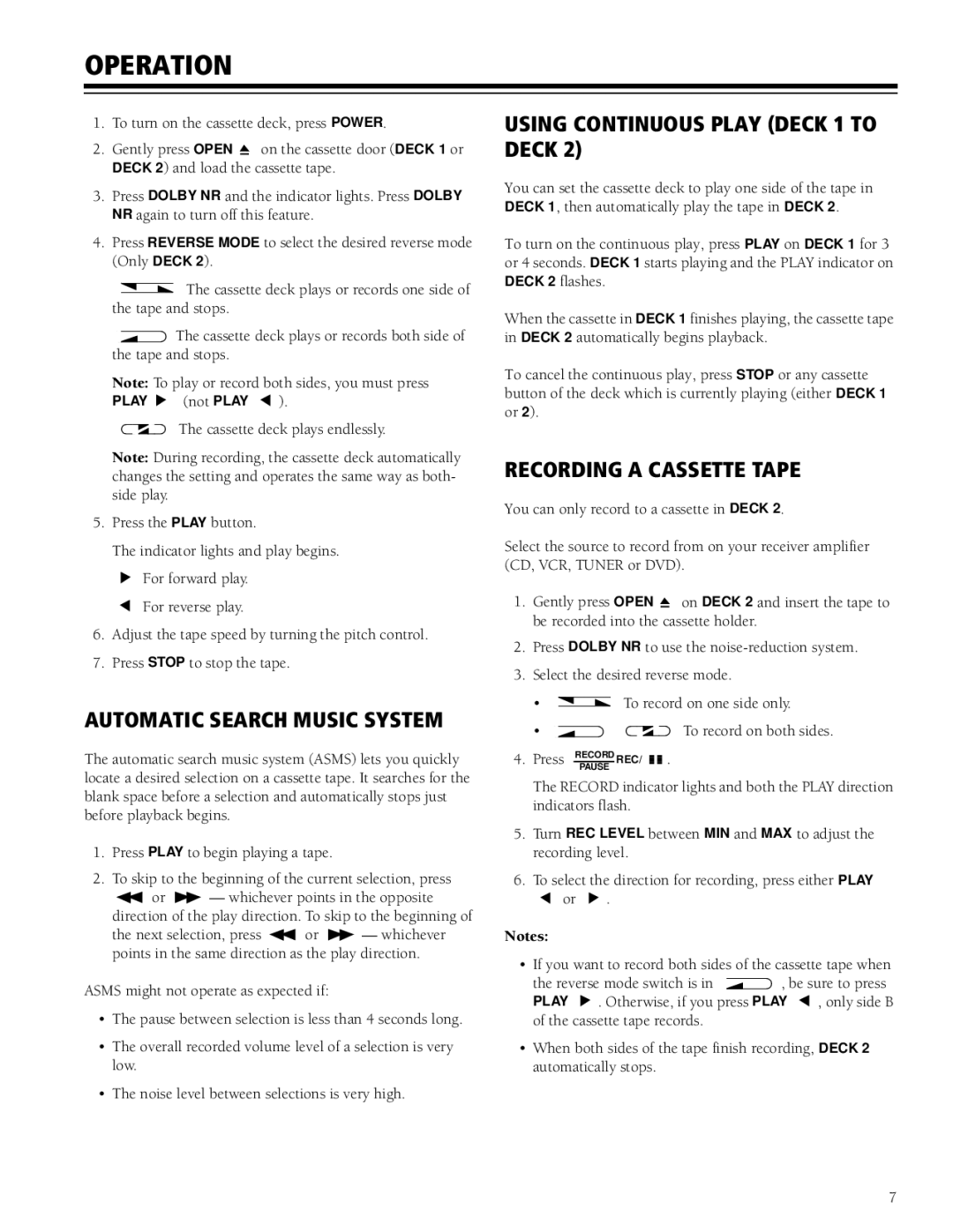 RCA SCT-550 Operation, Automatic Search Music System, Using Continuous Play Deck 1 to Deck, Recording a Cassette Tape 