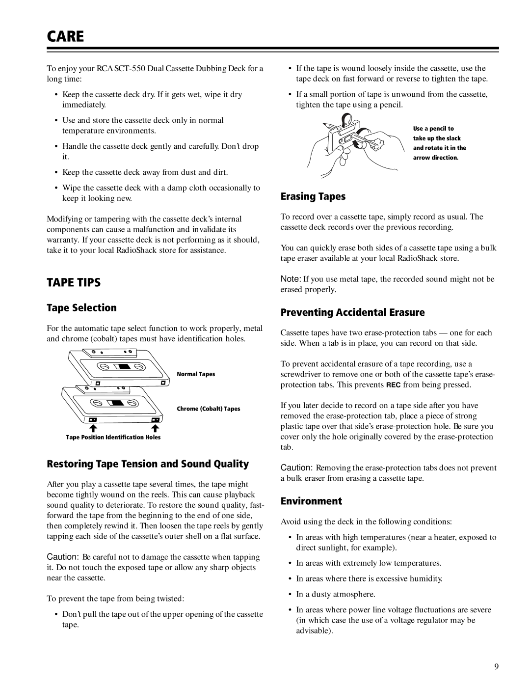 RCA SCT-550 owner manual Care, Tape Tips 