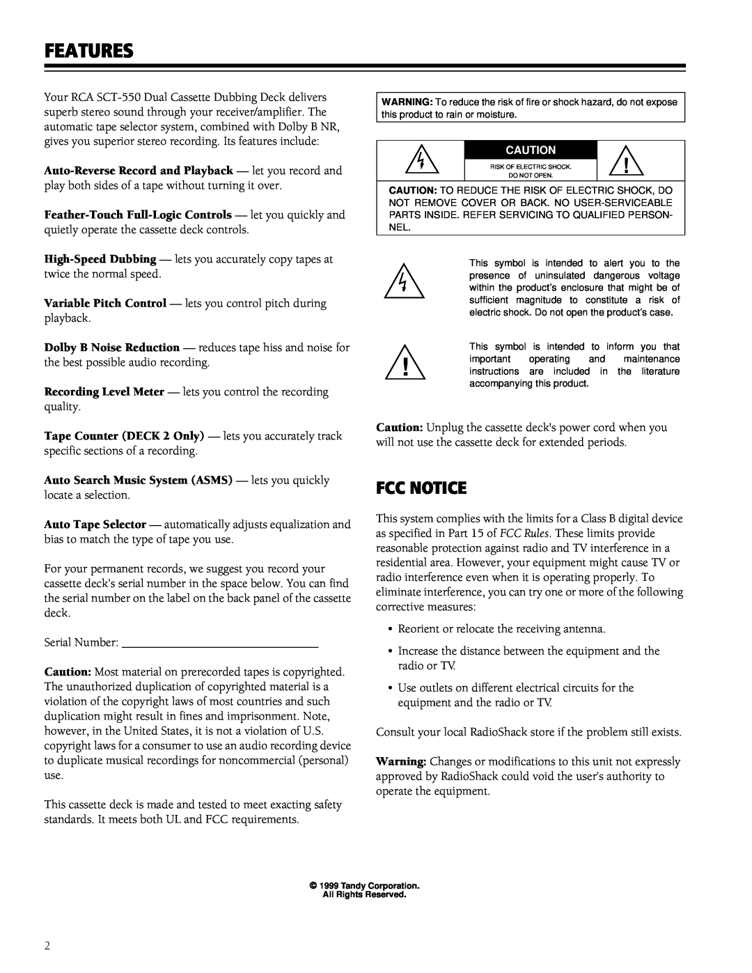 RCA SCT-550 owner manual Features, Fcc Notice 