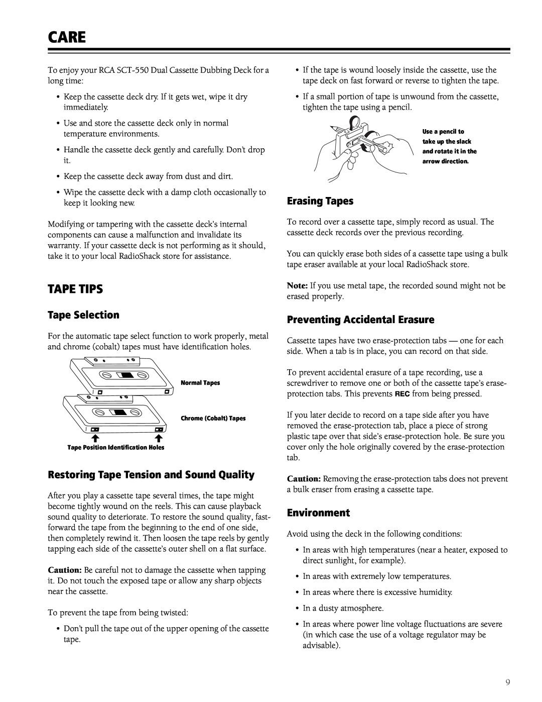 RCA SCT-550 Care, Tape Tips, Tape Selection, Restoring Tape Tension and Sound Quality, Erasing Tapes, Environment 