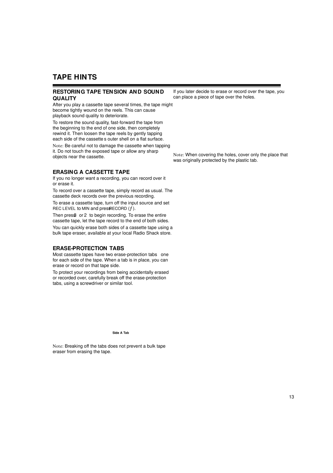 RCA SCT-560 Tape Hints, Restoring Tape Tension and Sound Quality, Erasing a Cassette Tape, ERASE-PROTECTION Tabs 