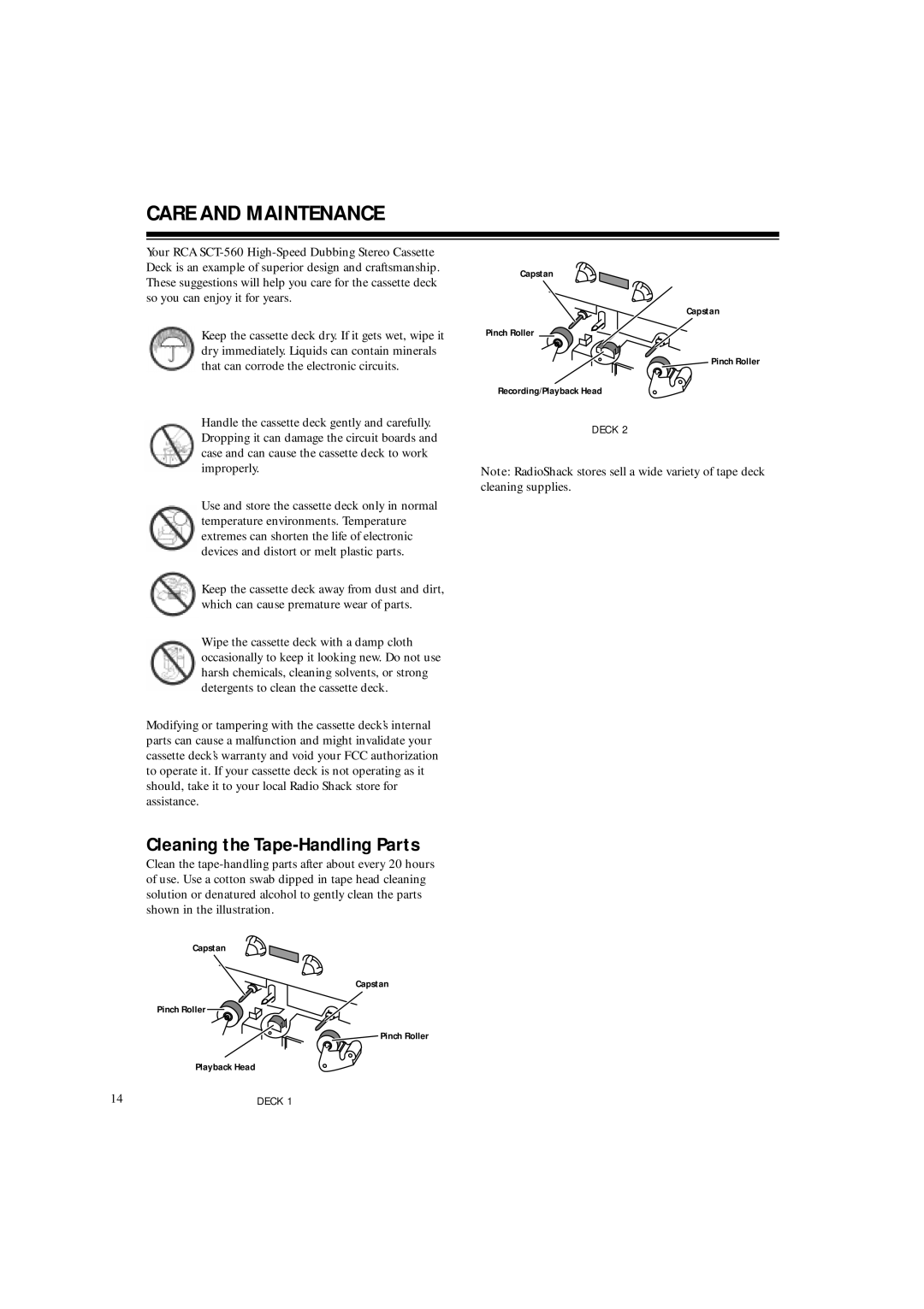 RCA SCT-560 owner manual Care and Maintenance, Cleaning the Tape-Handling Parts 