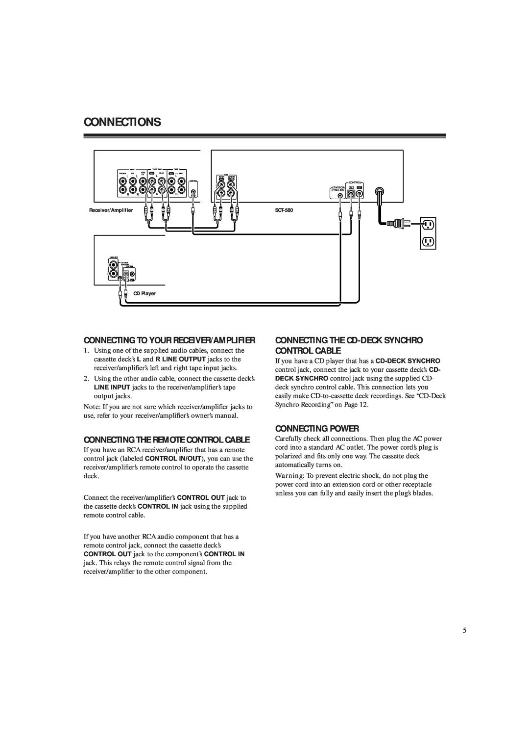 RCA SCT-560 owner manual Connections, Connecting The Cd-Decksynchro Control Cable, Connecting Power 