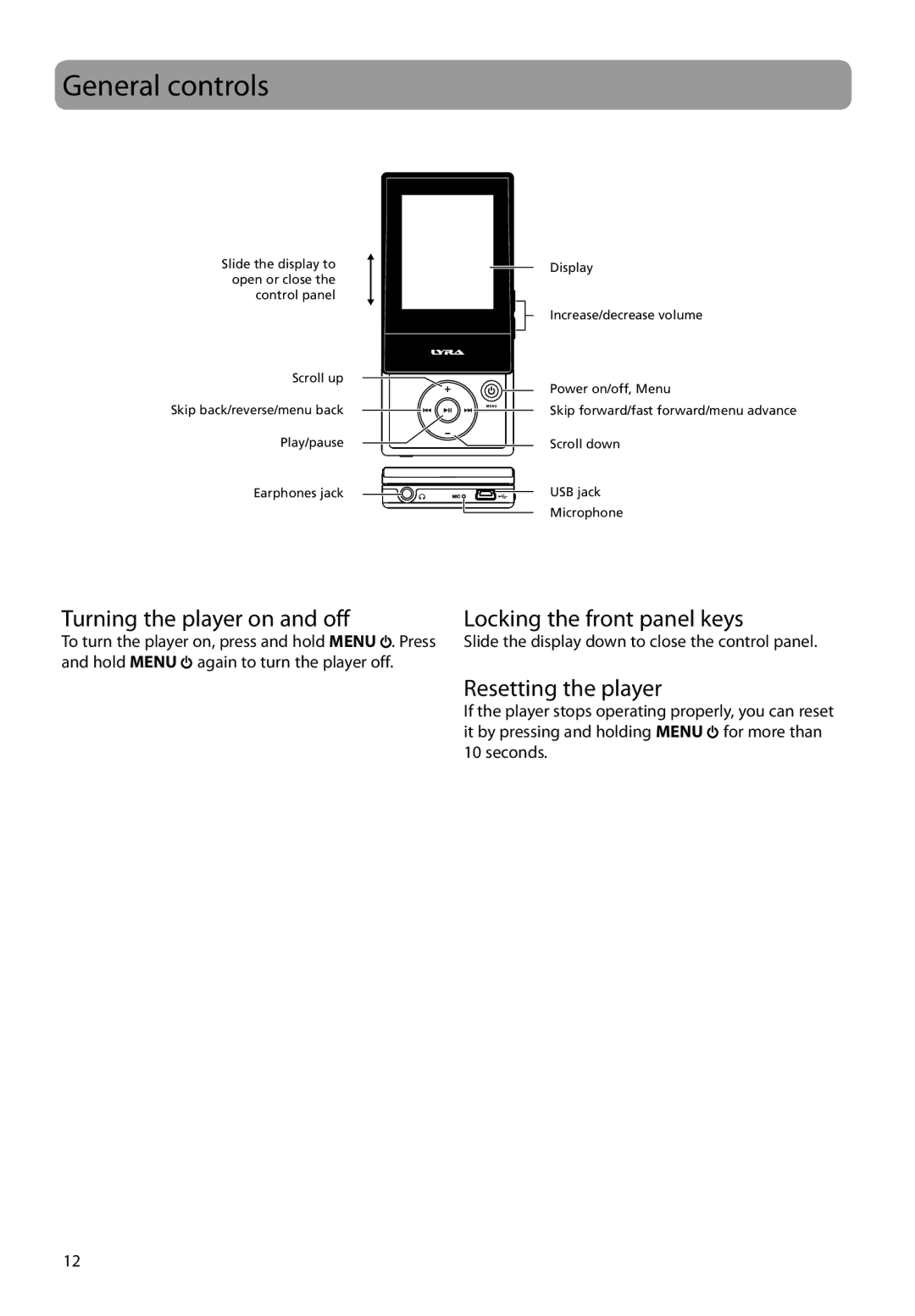 RCA SLC5016, SLC5008 General controls, Turning the player on and off, Locking the front panel keys, Resetting the player 