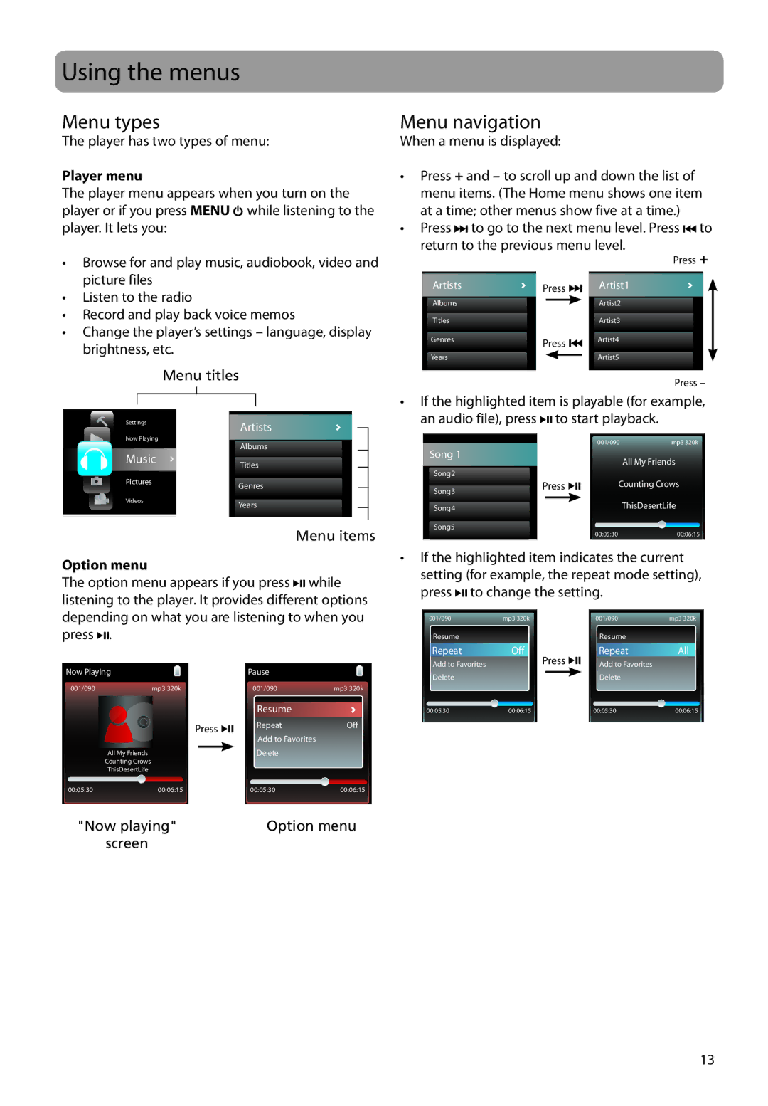 RCA SLC5008, SLC5016, SL5016, SL5004, SLC5004, SL5008 Using the menus, Menu types, Menu navigation, Player menu, Option menu 