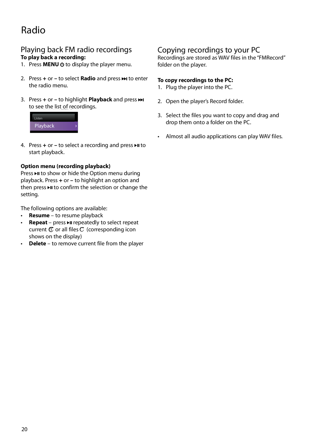 RCA SL5016, SLC5016, SLC5008 Playing back FM radio recordings, Copying recordings to your PC, To play back a recording 