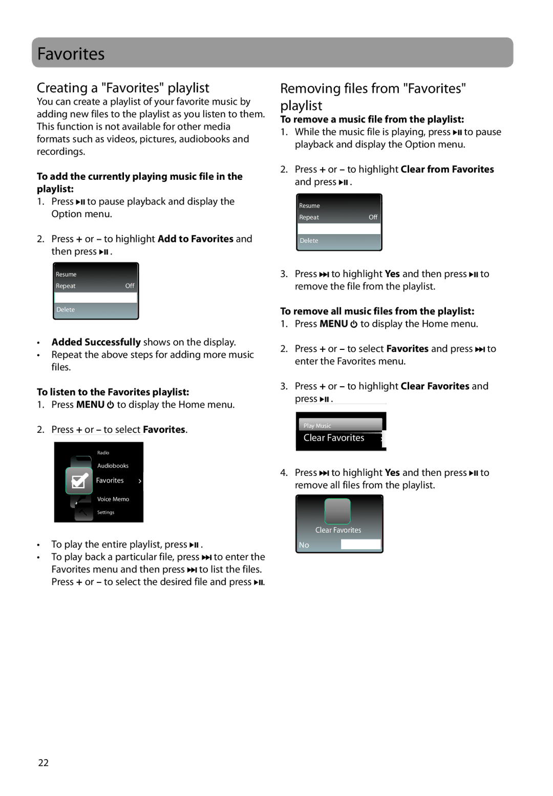 RCA SLC5004, SLC5016, SLC5008, SL5016, SL5004 Creating a Favorites playlist, Removing files from Favorites playlist 