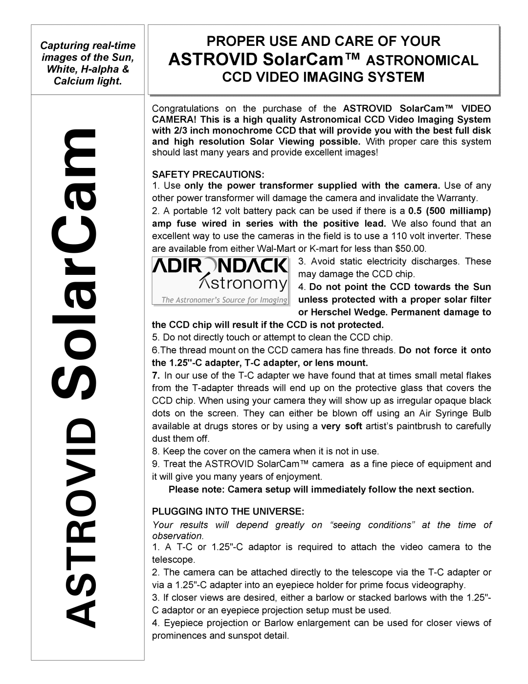 RCA SOLAM VIDEO CAMERA warranty Proper USE and Care of Your, CCD Video Imaging System, Safety Precautions 