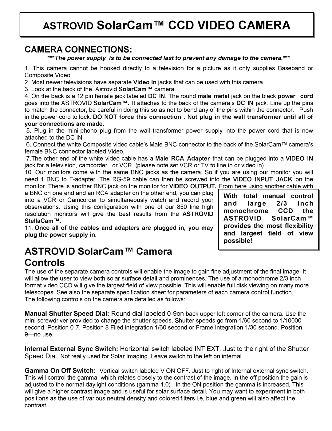 RCA SOLAM VIDEO CAMERA warranty Astrovid SolarCam CCD Video Camera, Camera Connections 