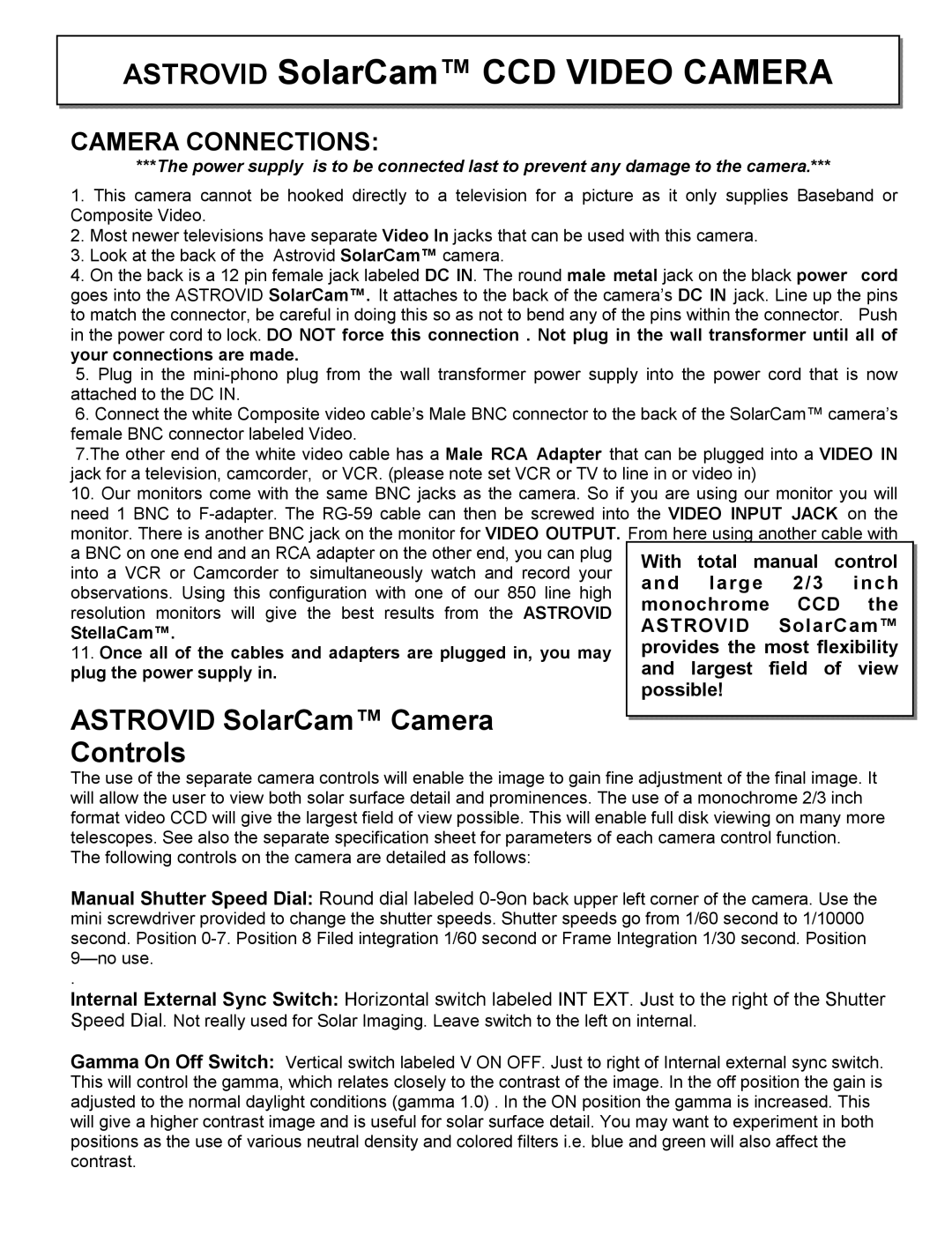 RCA SOLAM VIDEO CAMERA warranty ASTROVID SolarCam CCD VIDEO CAMERA, Camera Connections, ASTROVID SolarCam Camera Controls 