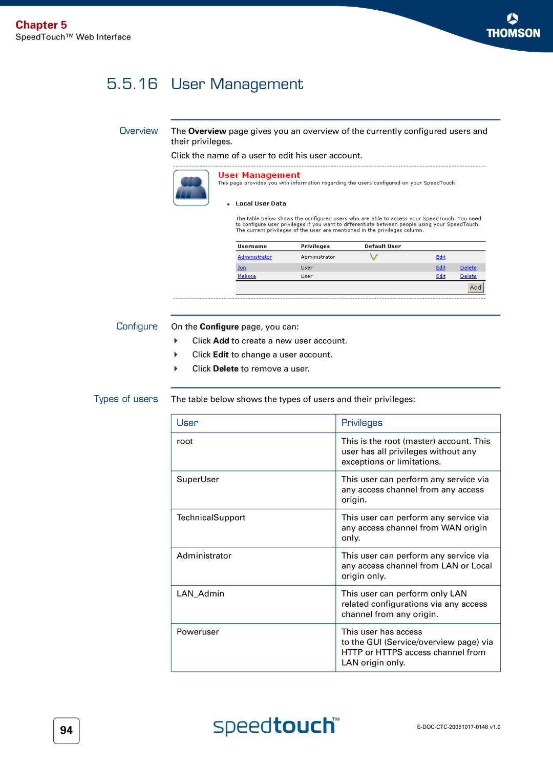 RCA SpeedTouchTM706 manual User Management, User Privileges 