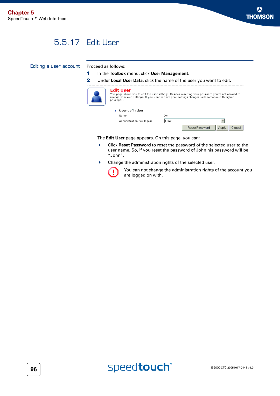 RCA SpeedTouchTM706 manual Edit User, Editing a user account Proceed as follows, Toolbox menu, click User Management 