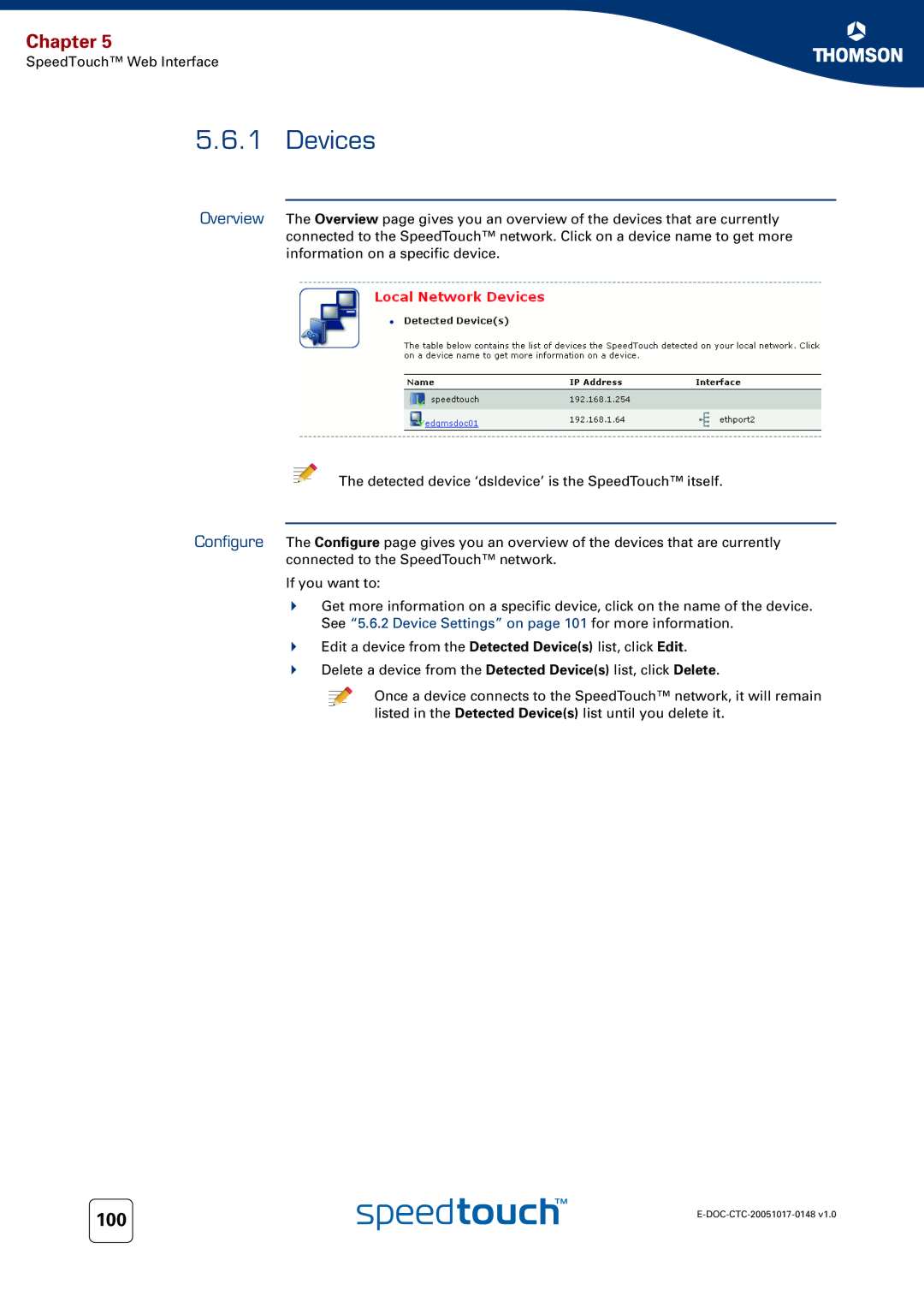 RCA SpeedTouchTM706 manual Devices, See 5.6.2 Device Settings on page 101 for more information 