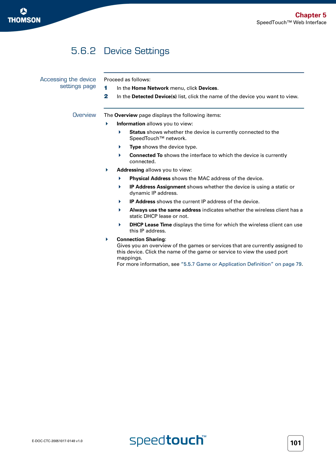 RCA SpeedTouchTM706 manual Device Settings, Accessing the device settings Overview, Connection Sharing 