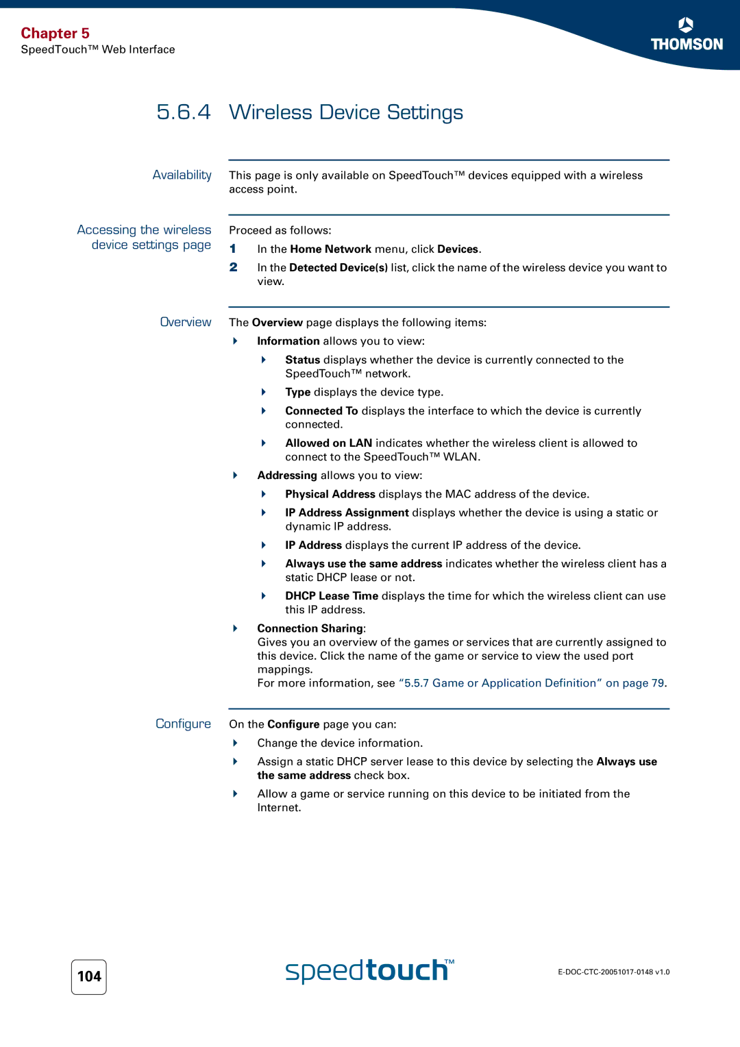 RCA SpeedTouchTM706 manual Wireless Device Settings, Accessing the wireless, Device settings 