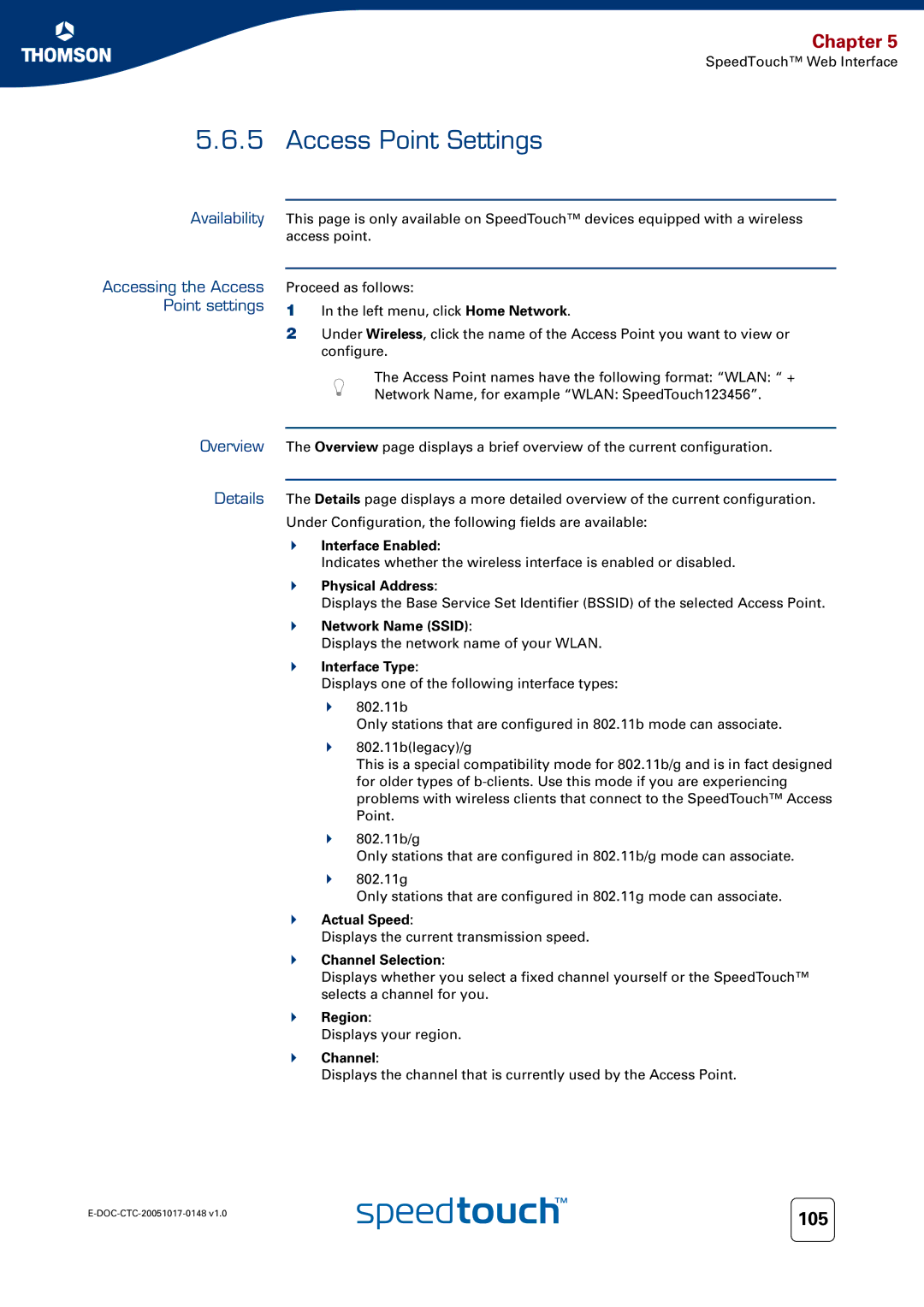 RCA SpeedTouchTM706 manual Access Point Settings, Accessing the Access, Point settings 