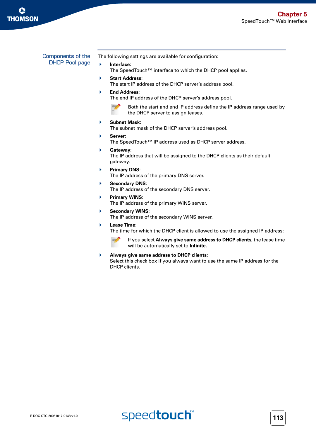 RCA SpeedTouchTM706 manual Components of the Dhcp Pool 