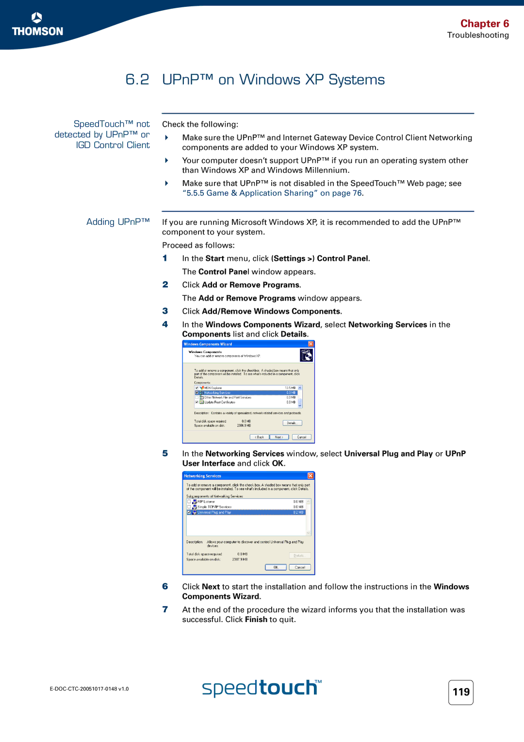 RCA SpeedTouchTM706 manual UPnP on Windows XP Systems 