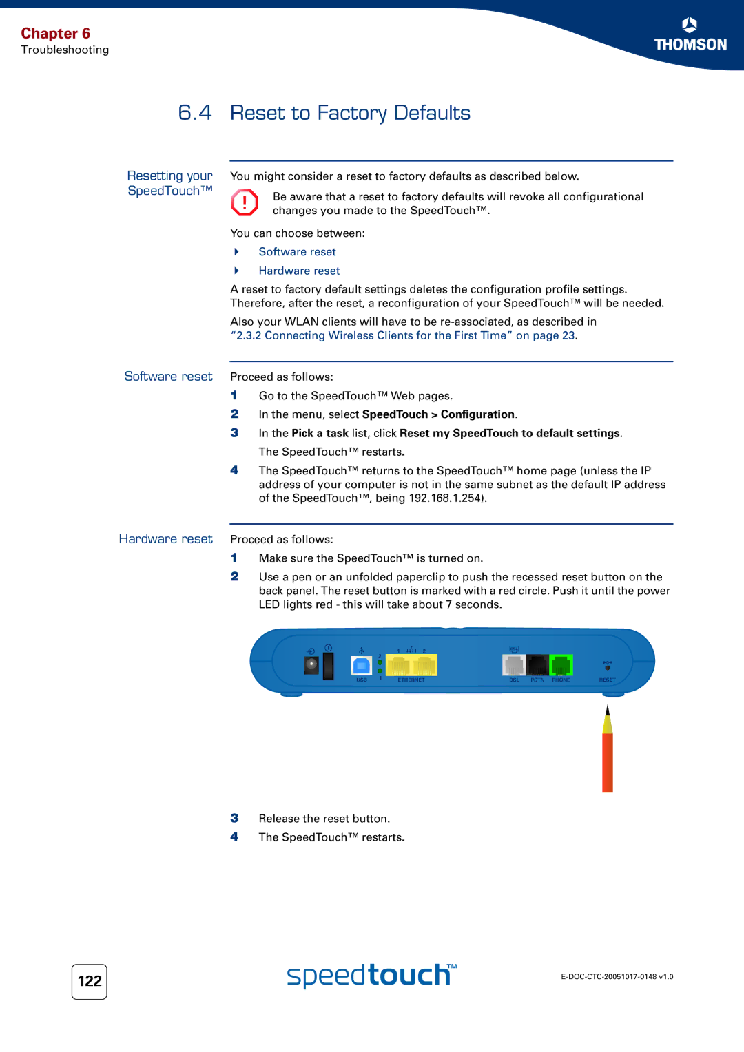 RCA SpeedTouchTM706 manual Resetting your SpeedTouch, Software reset Hardware reset 