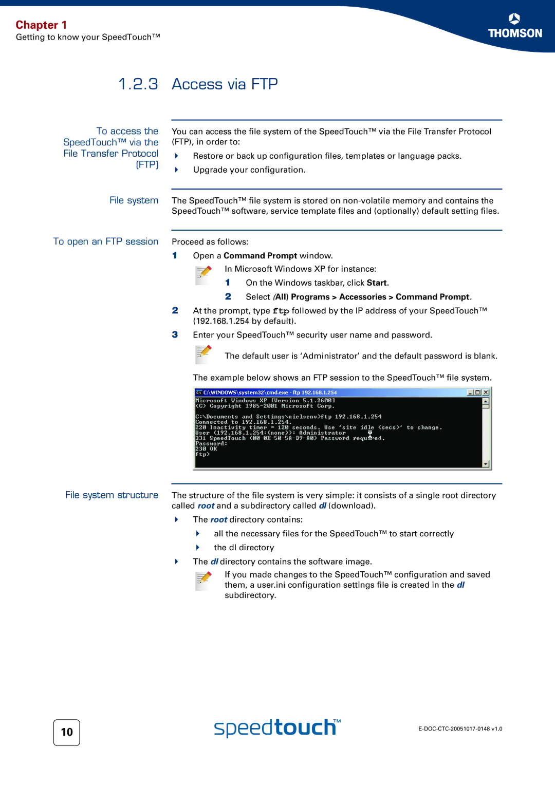 RCA SpeedTouchTM706 manual Access via FTP, Open a Command Prompt window 