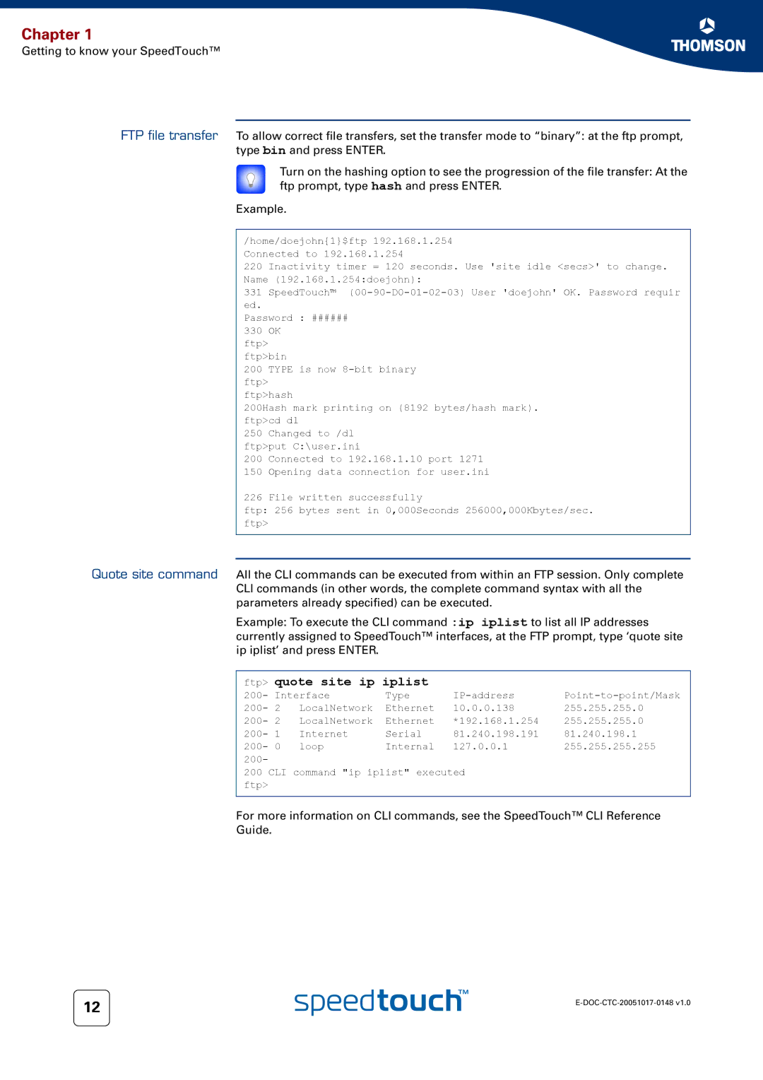 RCA SpeedTouchTM706 manual Ftp quote site ip iplist 